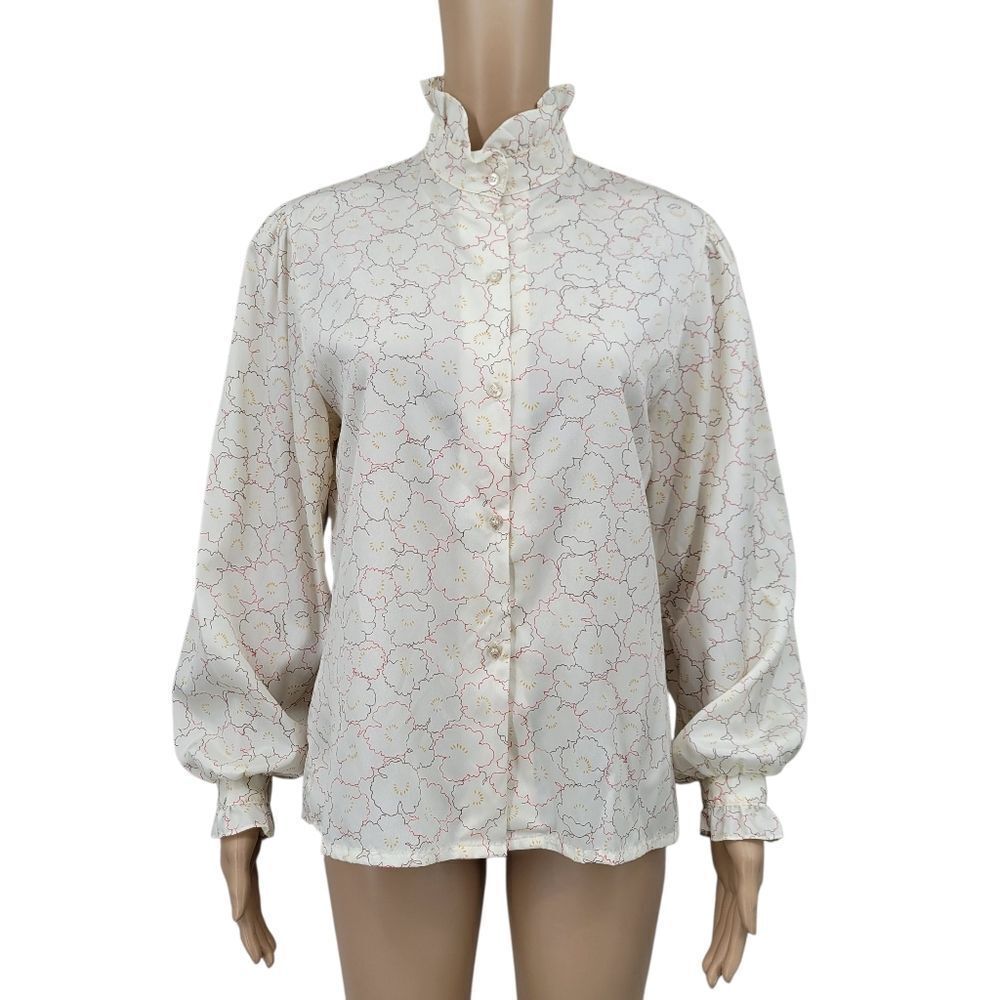 70s Retro Floral Blouse Cream With With Briwn Red Yellow High Ruffle Collar